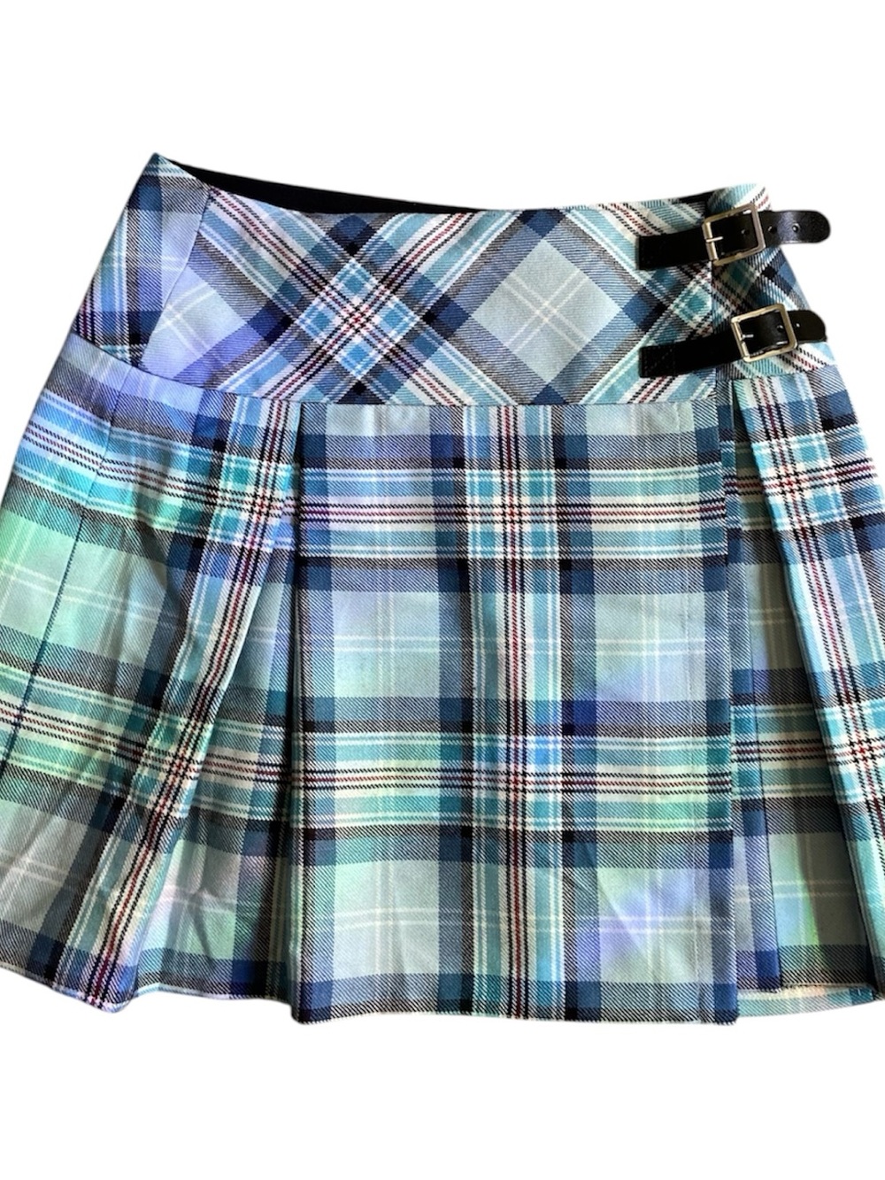 Plaid Pleated Mini Skirt with Double Buckle - Blue & Mint